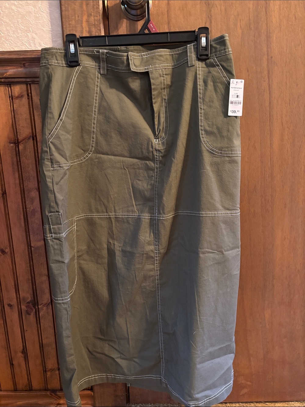 Ardene Olive Green Midi Skirt with White Contrast Stitching